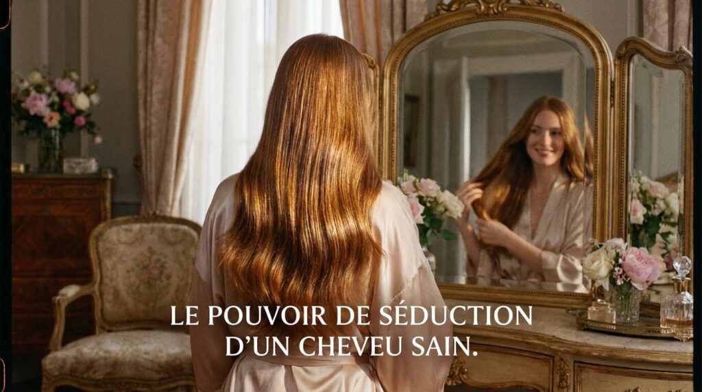 Femme de dos admirant sa longue chevelure étincelante et soyeuse dans un miroir après un soin, illustrant le pouvoir de séduction d'un cheveu sain