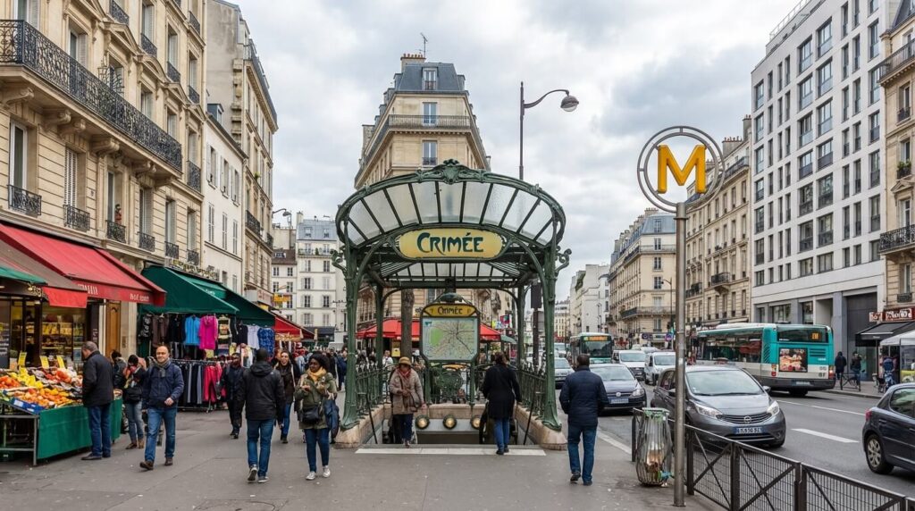 Sortie de la station de métro Crimée sur l'avenue de Flandre, quartier animé et populaire du 19ème arrondissement de Paris