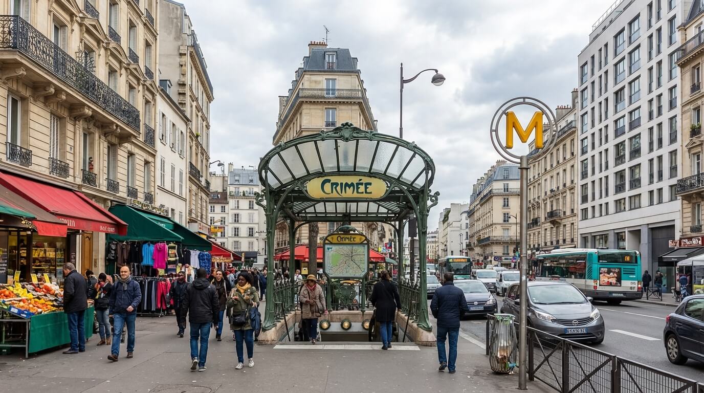 Sortie de la station de métro Crimée sur l'avenue de Flandre, quartier animé et populaire du 19ème arrondissement de Paris