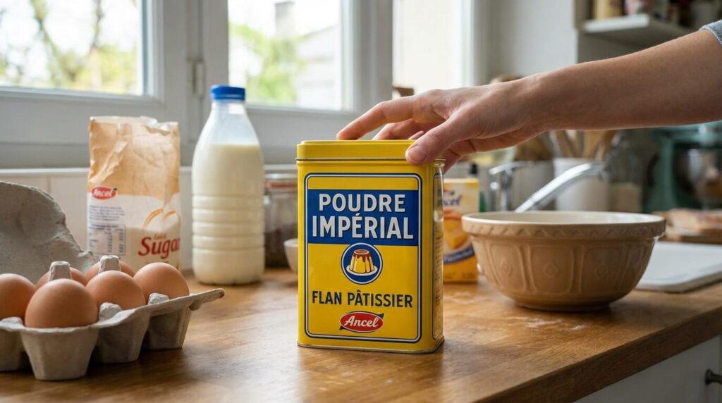 La célèbre boîte jaune de Poudre Impérial, ingrédient culte des flans pâtissiers, souvent introuvable au dernier moment