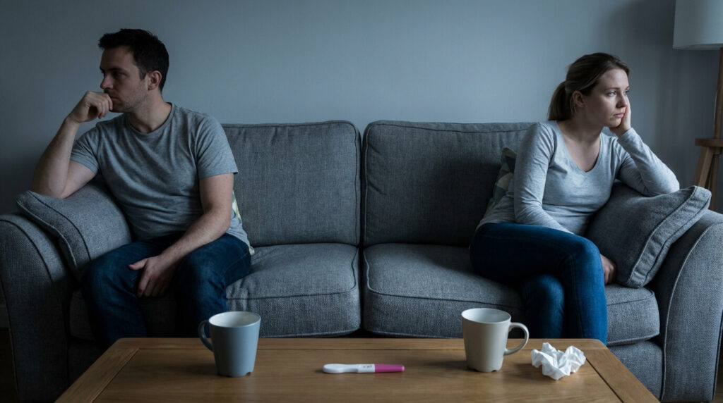 Couple assis à distance l'un de l'autre sur un canapé, visage fermé, avec un test de grossesse positif posé sur la table basse, illustrant le désaccord profond