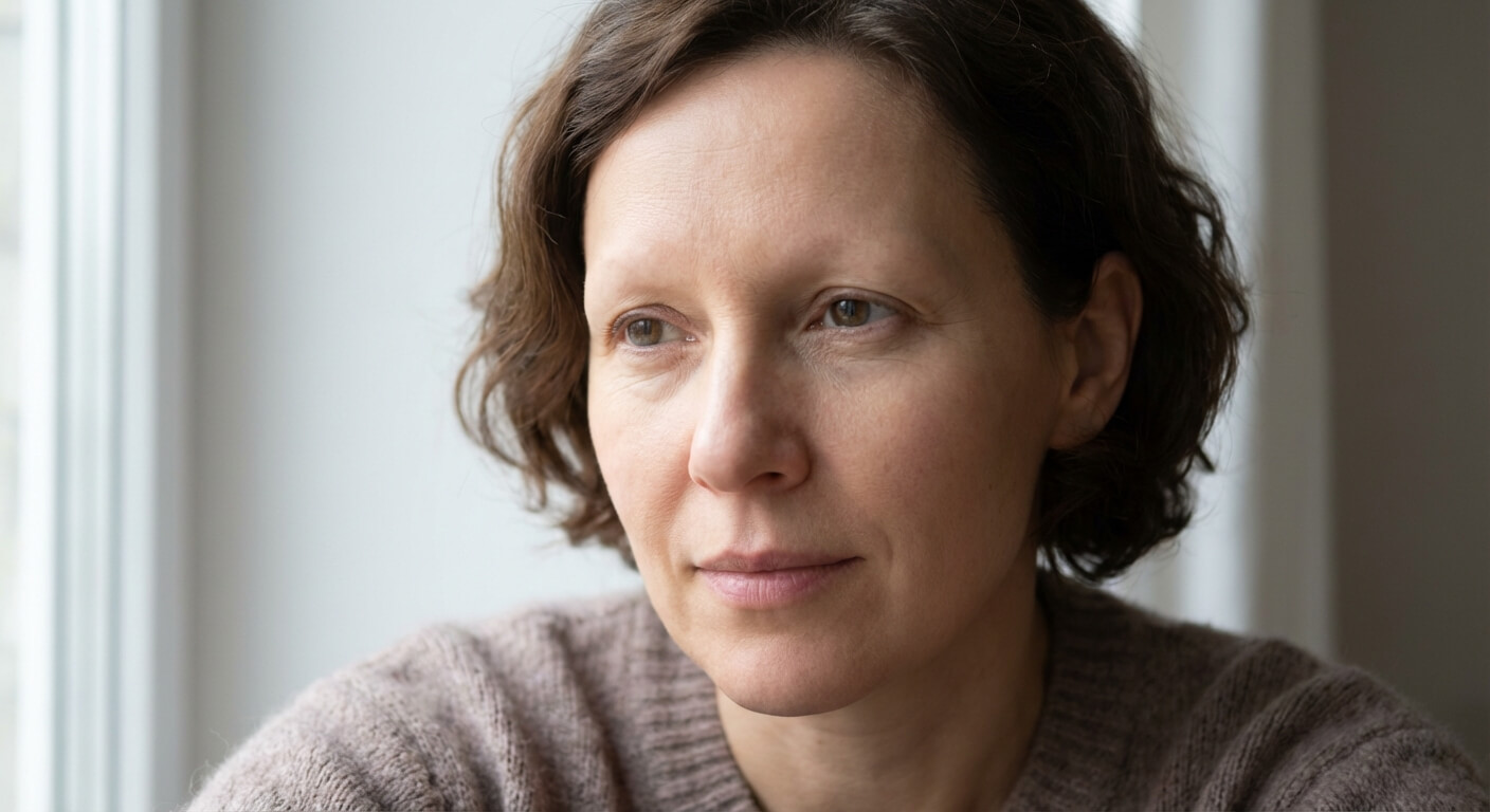 Portrait d'une femme atteinte de madarose (absence de sourcils), montrant l'impact de ce manque sur l'expressivité et l'harmonie du visage