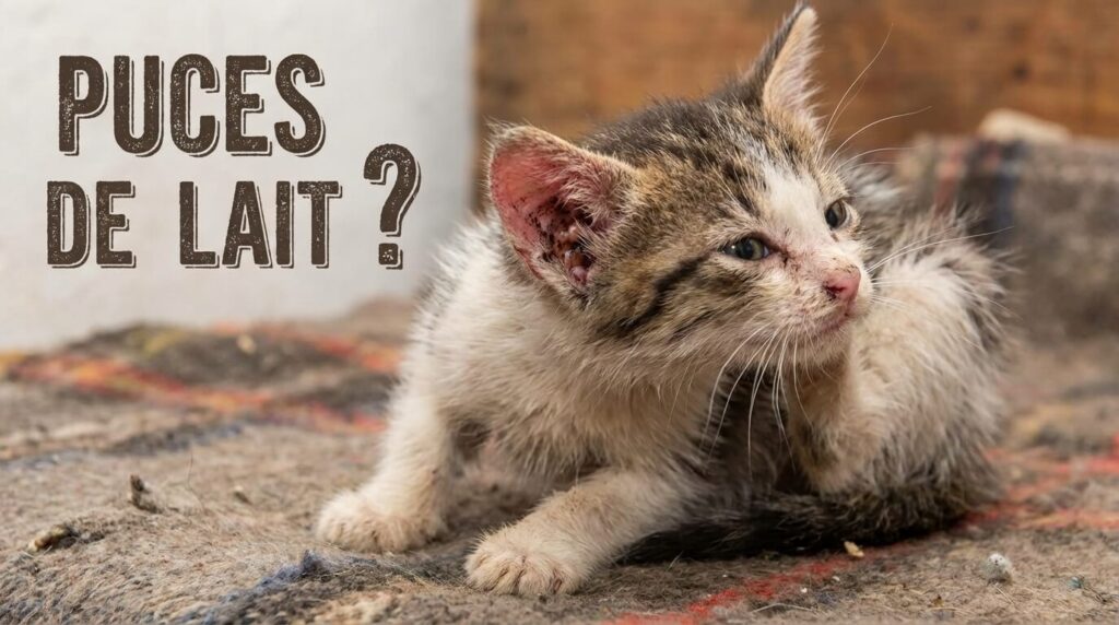 Chaton de quelques semaines se grattant frénétiquement l'oreille, signe d'une infestation parasitaire précoce souvent appelée à tort "puces de lait"
