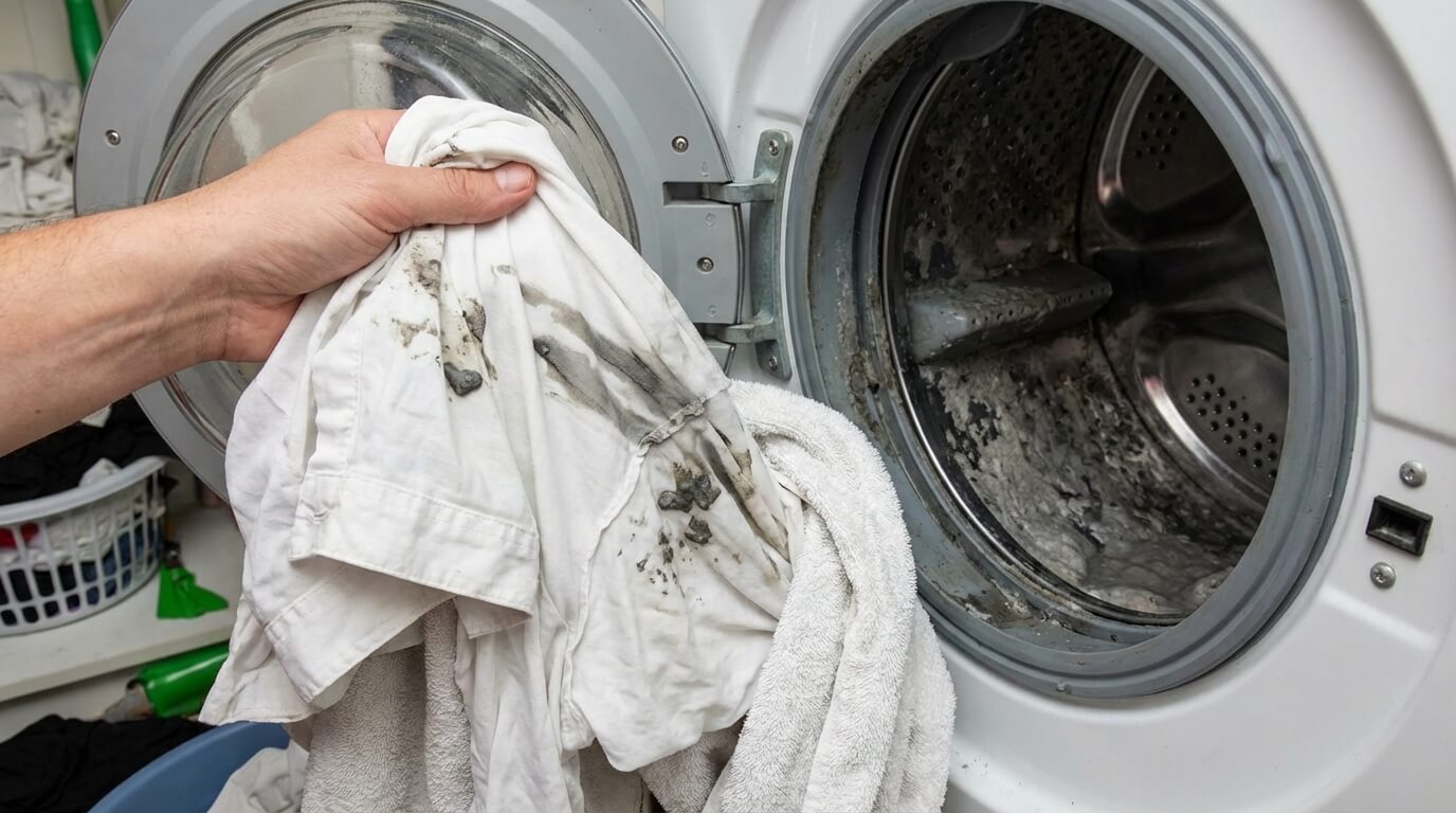 Vêtement blanc sortant de la machine à laver avec des traînées grises ou des taches de "boue" de lessive, signe d'un encrassement du tambour