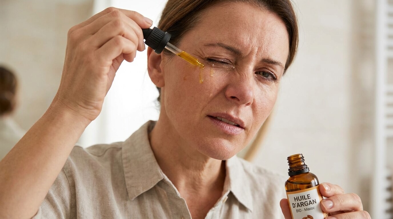 Femme appliquant de l'huile d'argan sur son visage près des yeux, illustrant le risque fréquent de contact accidentel avec la muqueuse oculaire