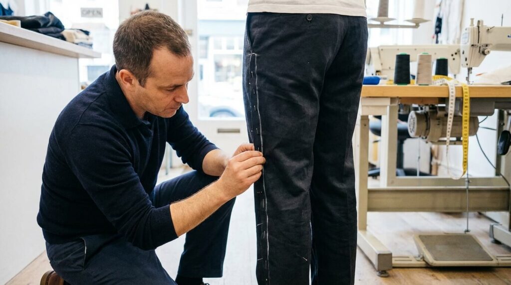 Étape cruciale de l'épinglage d'un pantalon porté sur l'envers pour marquer la nouvelle ligne de jambe et réduire la largeur du tissu