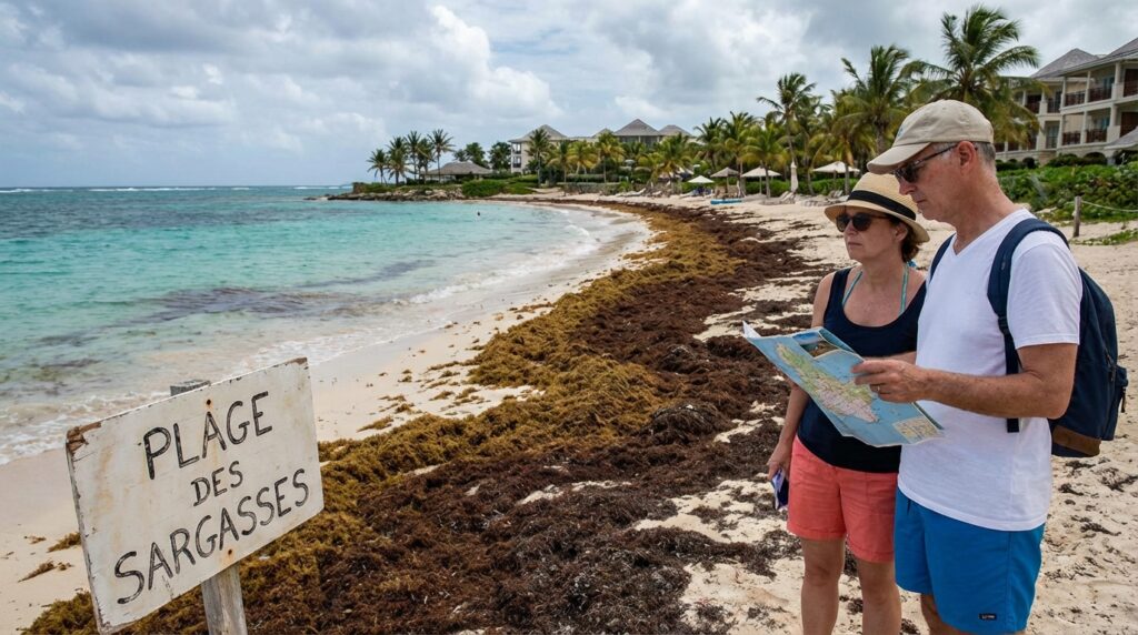Plage paradisiaque de Guadeloupe envahie par des algues sargasses brunes, contrastant avec l'image de carte postale et expliquant la déception des touristes