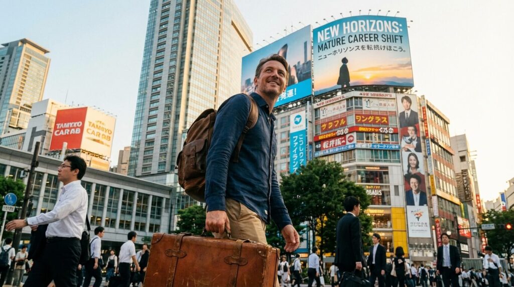 Partir vivre au Japon à 40 ans : Visas, Carrière et Intégration pour les quadragénaires 2 Expatrié occidental de 40 ans marchant avec sa valise dans le quartier d'affaires de Tokyo, symbolisant le nouveau départ professionnel à maturité