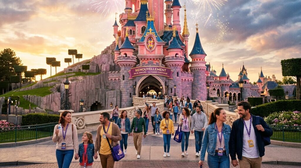 Renouvellement Pass Annuel Disney : Prix, Avantages et Procédure pour ne pas perdre ses droits 2 Vue emblématique du Château de la Belle au Bois Dormant à Disneyland Paris, destination finale des détenteurs de pass annuels souhaitant renouveler leur sésame