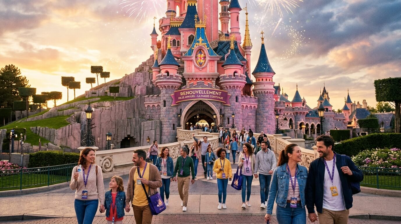 Vue emblématique du Château de la Belle au Bois Dormant à Disneyland Paris, destination finale des détenteurs de pass annuels souhaitant renouveler leur sésame