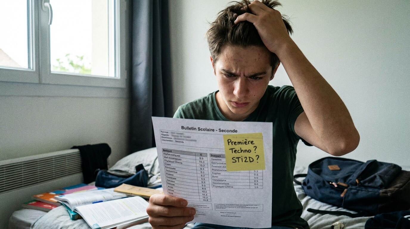 Lycéen de Seconde regardant son bulletin scolaire avec inquiétude, s'interrogeant sur ses moyennes pour son passage en première technologique