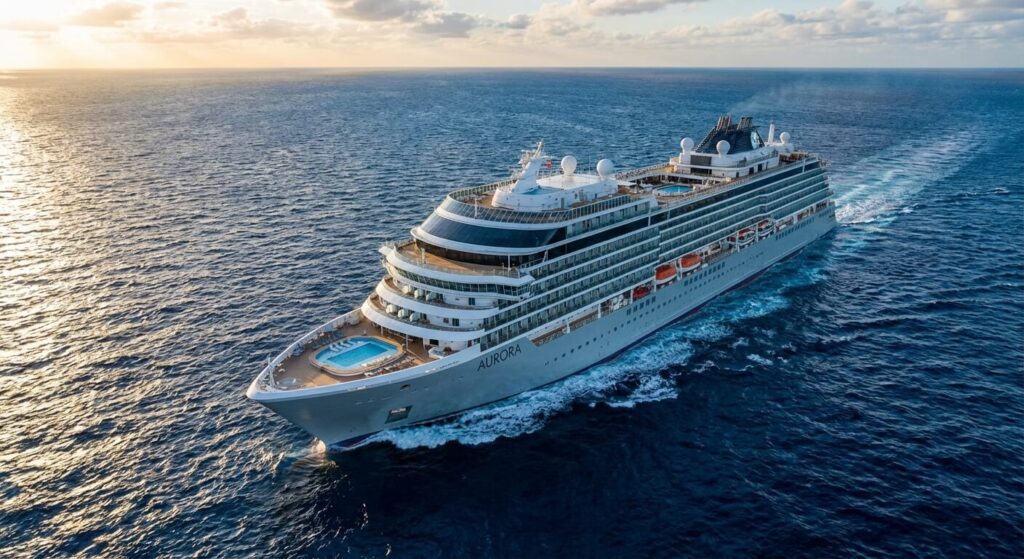 Navire de croisière de luxe élégant naviguant en haute mer au coucher du soleil