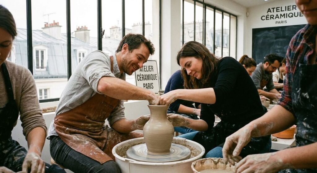 Mains d'un artisan façonnant un vase en argile sur un tour de potier lors d'un atelier d'initiation à Paris.
