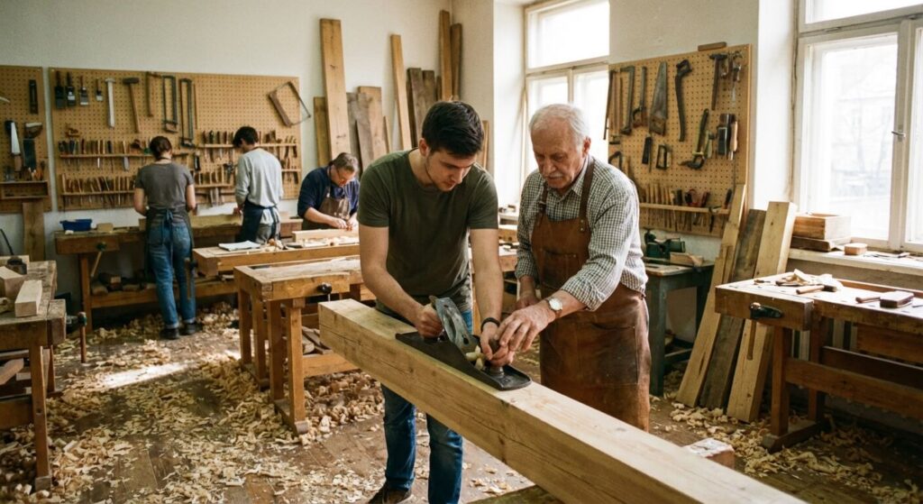 Un participant apprenant à travailler le bois avec des outils traditionnels dans un atelier d'ébénisterie local.