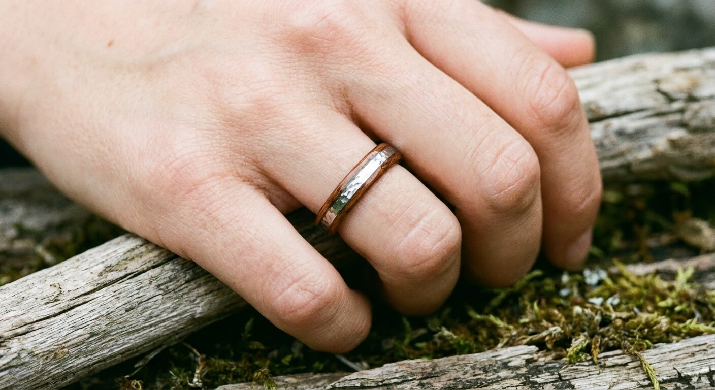 Une main de femme portant une bague fine en bois de santal avec un insert brillant en tungstène.