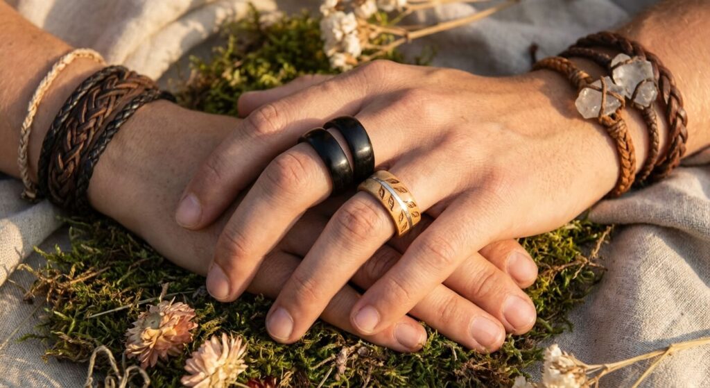 Duo de bagues en bois ébène et bois clair pour un look bohème chic et hypoallergénique.