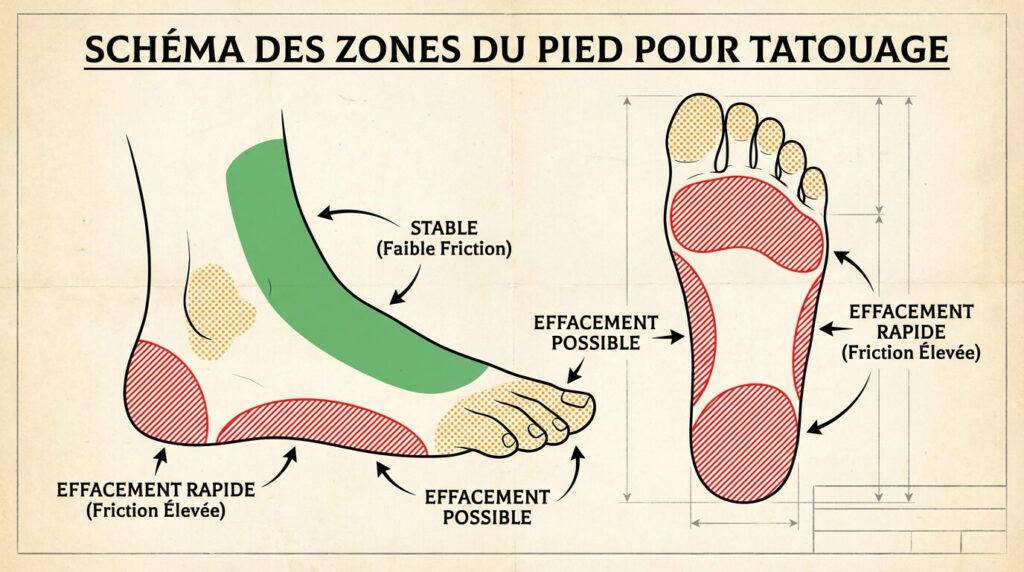 Tatouage sur le pied et vieillissement : Pourquoi s'efface-t-il et comment le préserver ? 3 Schéma des zones du pied indiquant les parties à risque d'effacement rapide (côtés, talon) et les zones plus stables (coup de pied) pour le tatouage
