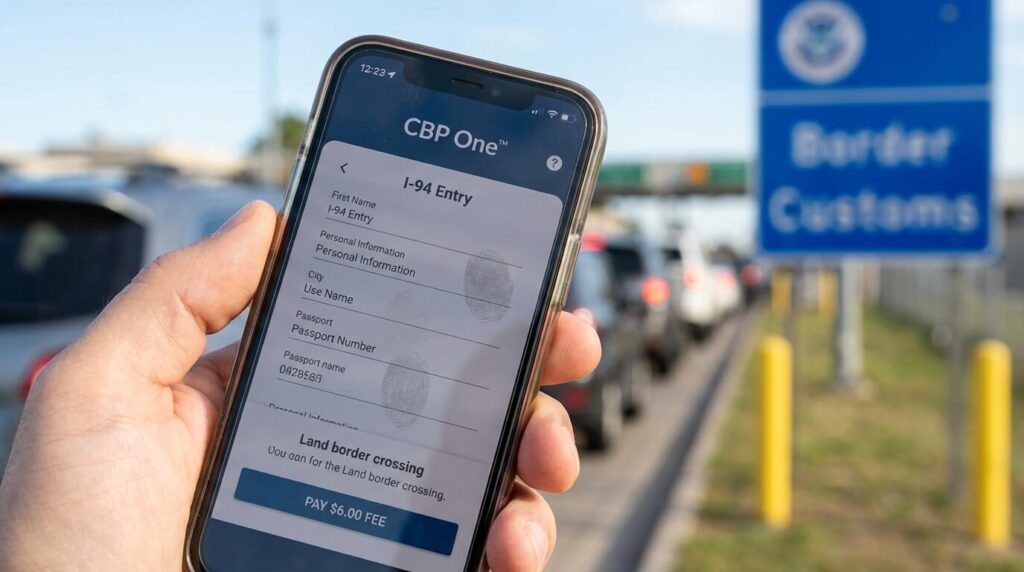 Smartphone affichant l'application officielle CBP One utilisée pour remplir le formulaire I-94 et payer les frais avant de passer la frontière terrestre