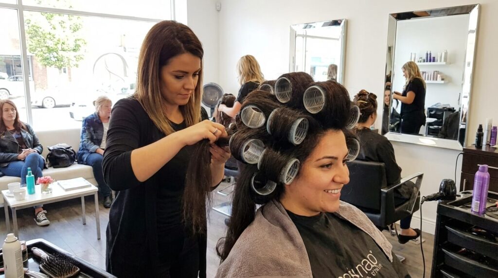 Permanente sur cheveux épais : Techniques, Risques et Entretien pour des boucles durables 3 Pose de bigoudis de gros diamètre en salon de coiffure, technique indispensable pour éviter l'effet mouton sur une masse capillaire importante