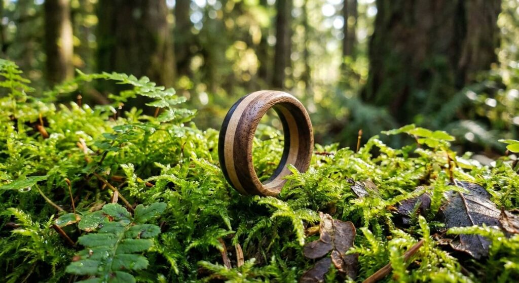 Gros plan sur une bague artisanale en bois naturel posée sur de la mousse verte en forêt.