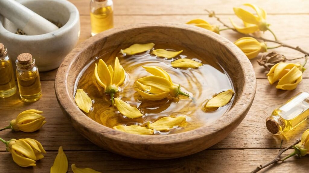 Préparation cosmétique dans un bol en bois contenant un mélange d'huiles végétales dorées et de fleurs d'Ylang-Ylang pour parfumer le soin