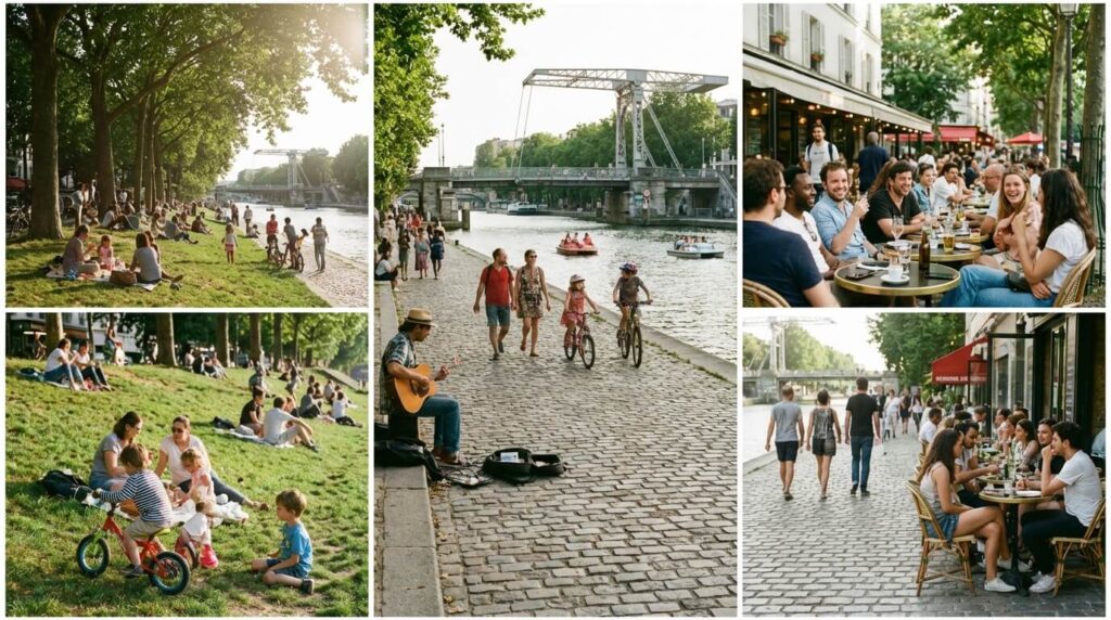 Ambiance détendue sur les quais du Canal de l'Ourcq et du Bassin de la Villette, situés à proximité immédiate de Crimée, montrant le visage convivial et familial du quartier