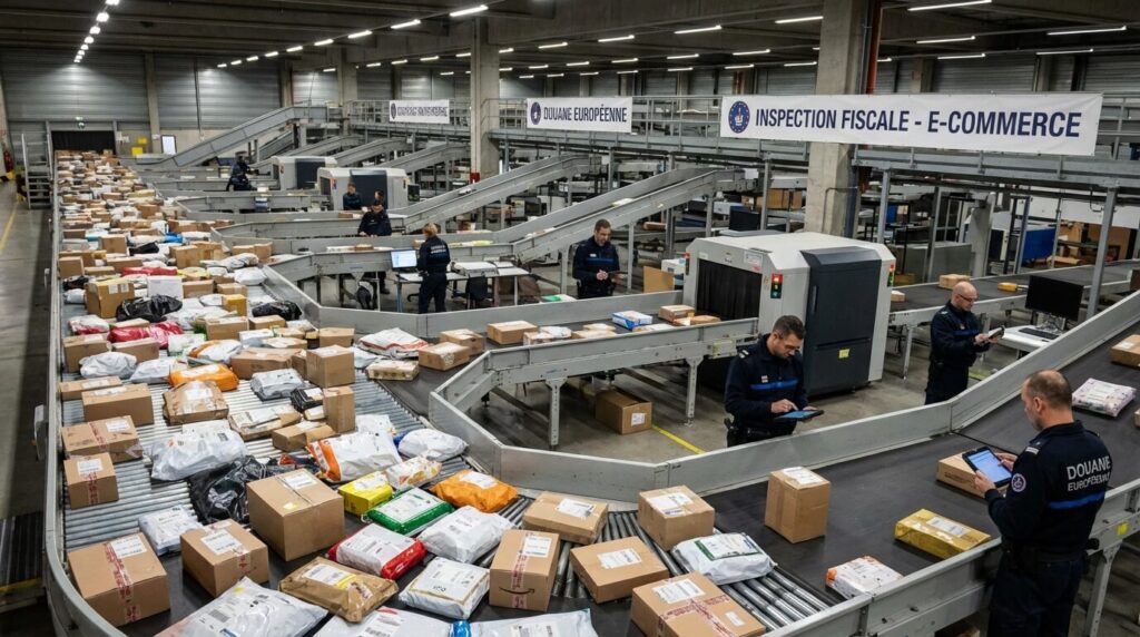 Tapis roulant dans un centre de tri douanier européen où transitent des milliers de colis e-commerce pour inspection et validation fiscale