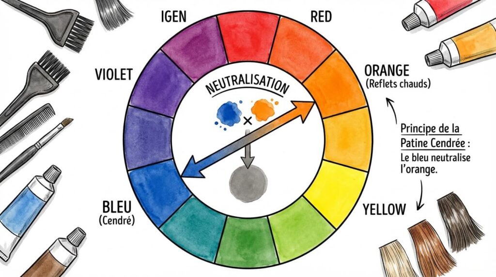 Illustration du cercle chromatique utilisé en coiffure, montrant que la couleur bleue est opposée à l'orange et sert donc à le neutraliser (principe de la patine cendrée)