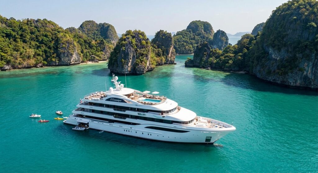 Yacht de croisière de luxe naviguant dans les eaux cristallines d'une destination isolée