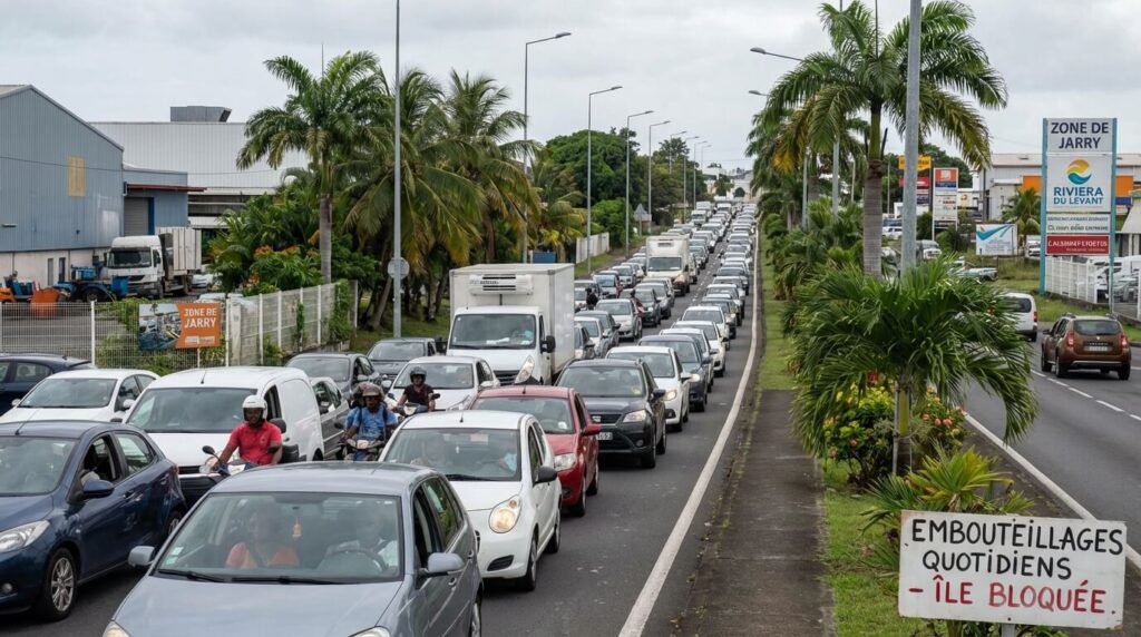 File interminable de voitures dans les embouteillages de la zone de Jarry ou sur la Riviera, illustrant les difficultés de circulation quotidiennes sur l'île