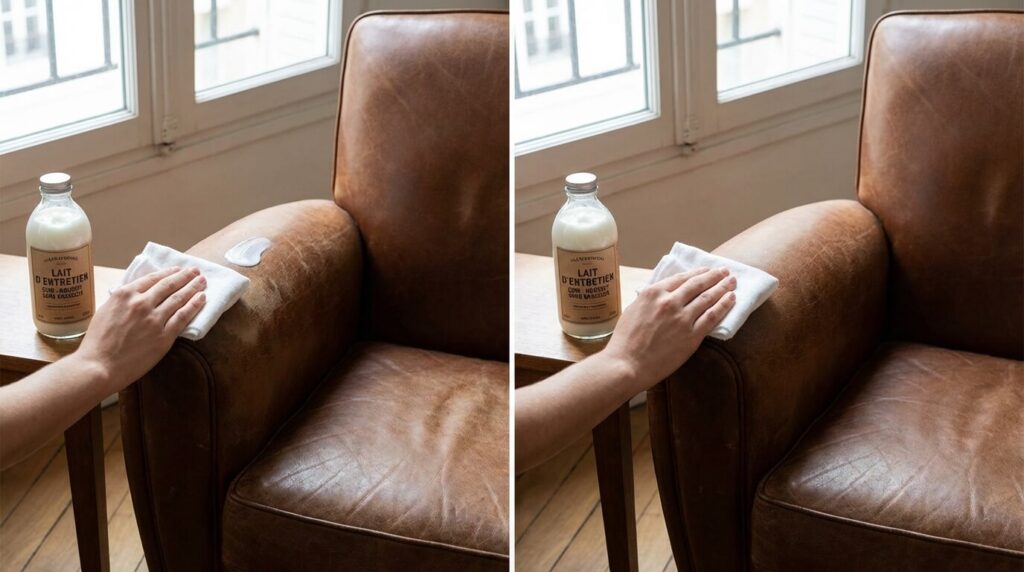 Application d'un lait d'entretien spécifique pour le cuir avec un chiffon doux, la seule méthode recommandée pour nourrir sans graisser