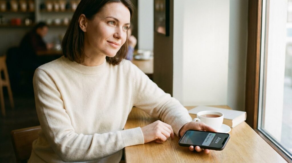 Il me recontacte après 2 semaines silence : Signification et Stratégie à adopter 3 Femme sereine posant son téléphone sans répondre immédiatement, adoptant une stratégie de détachement et de haute valeur face au retour de l'autre
