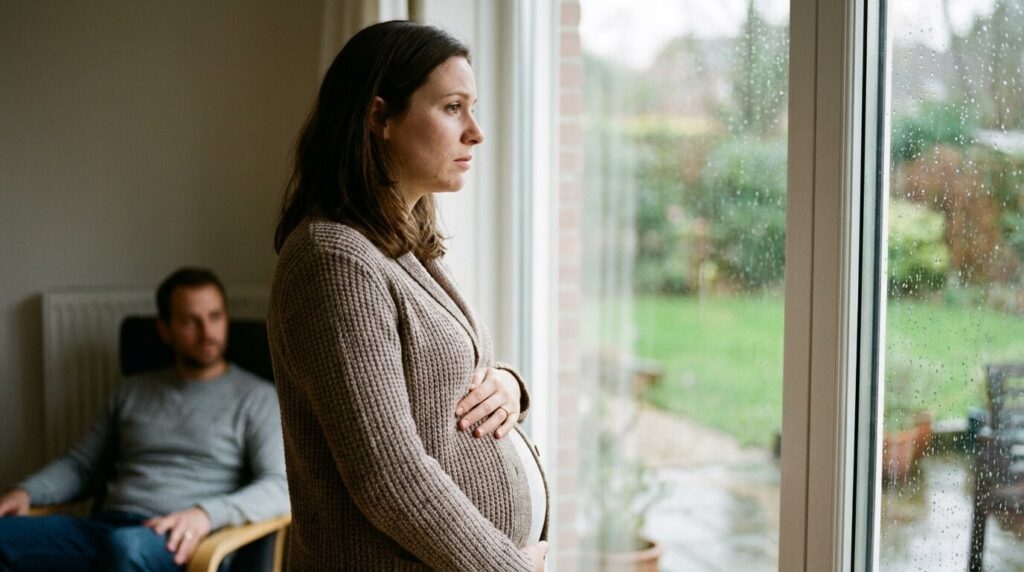 Femme enceinte regardant par la fenêtre, la main sur le ventre, en pleine introspection sur son désir de maternité face à la pression de son partenaire