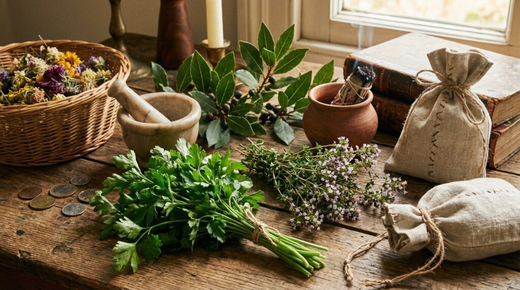 Composition de diverses herbes (persil, laurier, thym) utilisées dans les rituels folkloriques de protection et de prospérité