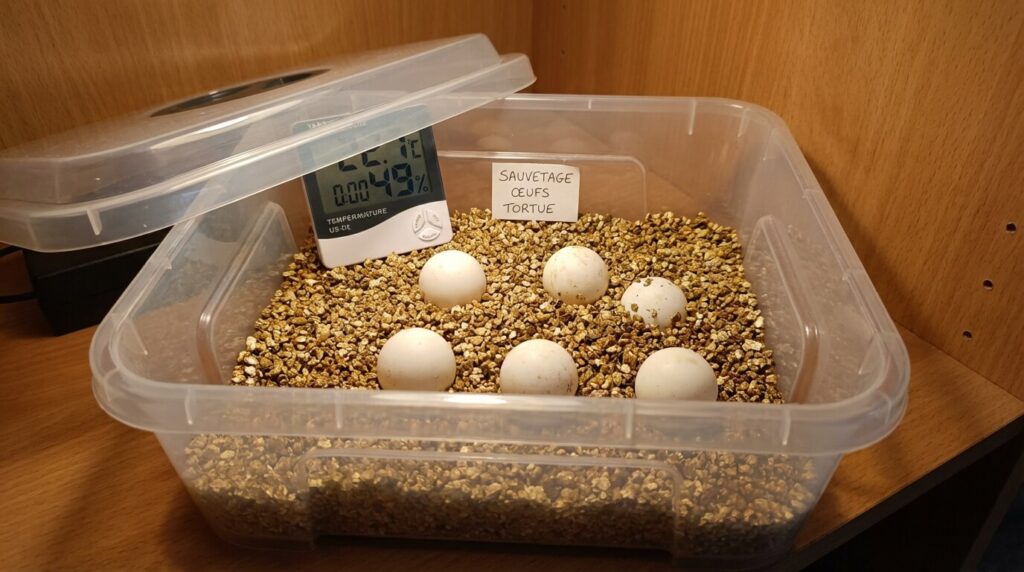 Dispositif d'incubation artificielle montrant des œufs de tortue positionnés sur de la vermiculite humide, méthode de sauvetage pour les œufs abandonnés