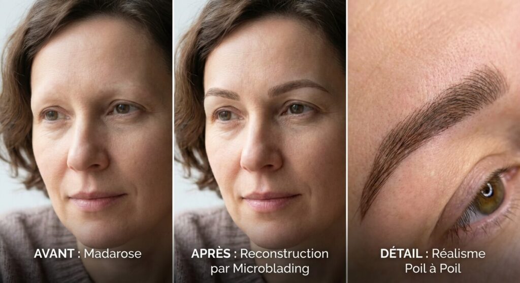 Comparatif avant/après d'une reconstruction de sourcils par microblading, montrant le réalisme du poil à poil pour redessiner le regard
