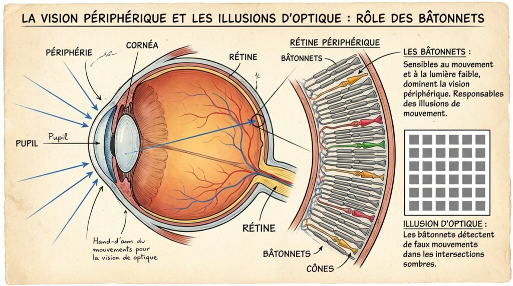 Schéma de l'œil humain expliquant le fonctionnement de la vision périphérique et des bâtonnets, souvent responsables des illusions d'optique