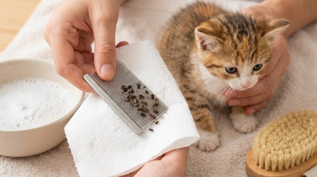 Utilisation d'un peigne fin anti-puces sur un chaton, méthode mécanique sûre pour retirer les parasites sans produits chimiques dangereux