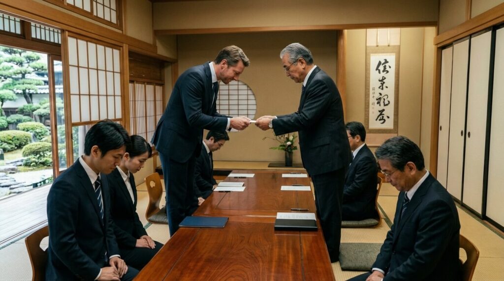 Partir vivre au Japon à 40 ans : Visas, Carrière et Intégration pour les quadragénaires 3 Réunion de travail dans une entreprise japonaise montrant les codes hiérarchiques stricts que l'expatrié senior doit maîtriser pour s'intégrer