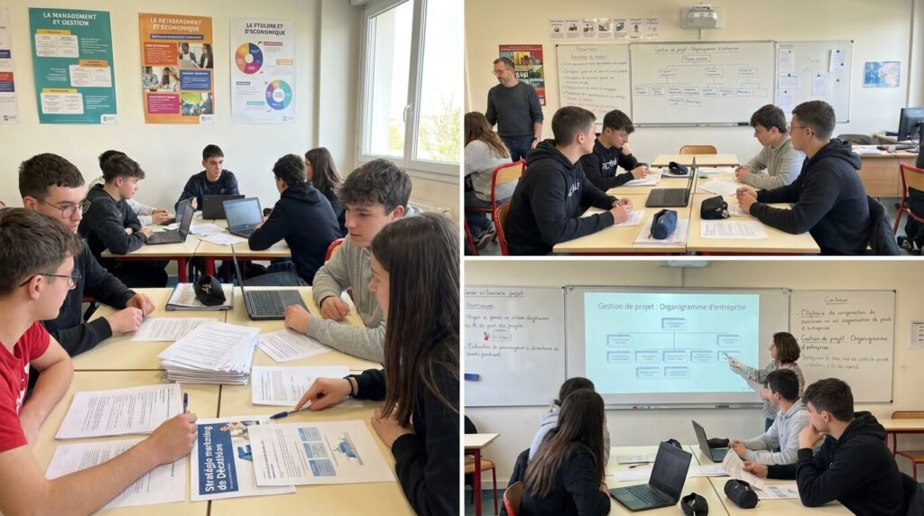 Ambiance de cours en filière STMG, montrant des élèves travaillant sur des études de cas concrets en management et gestion