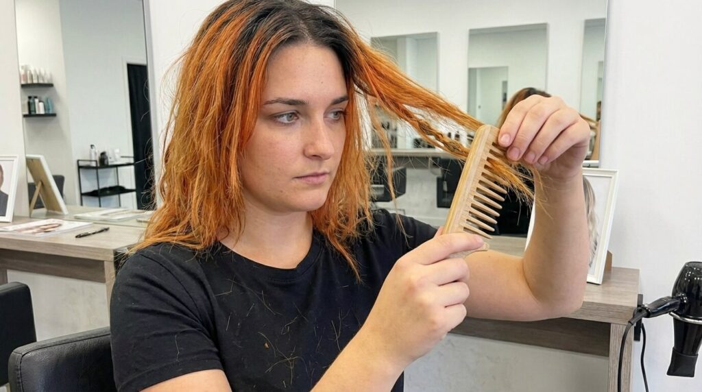 Femme démêlant avec une extrême précaution ses cheveux fragiles à l'aide d'un peigne à dents larges pour éviter la casse typique de cette pathologie