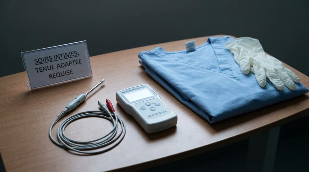 Matériel de rééducation (sonde de biofeedback) posé sur une table, rappelant la nature intime et technique des soins qui nécessite une tenue adaptée