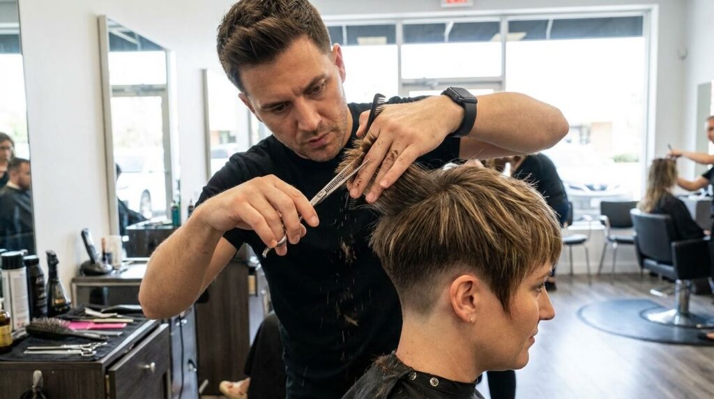 Coiffeur utilisant des ciseaux sculpteurs pour texturiser les pointes et flouter les démarcations d'un dégradé trop abrupt