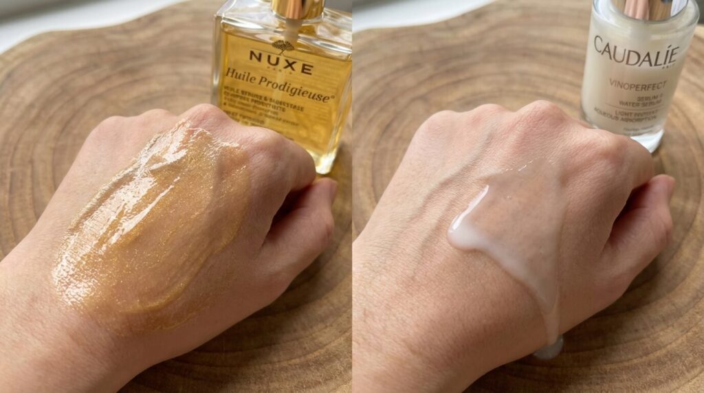 Nuxe ou Caudalie : Le duel des marques de pharmacie pour votre peau 3 Test de texture sur la main montrant la richesse sensorielle de l'huile Nuxe face à la finesse aqueuse et lactée des sérums Caudalie