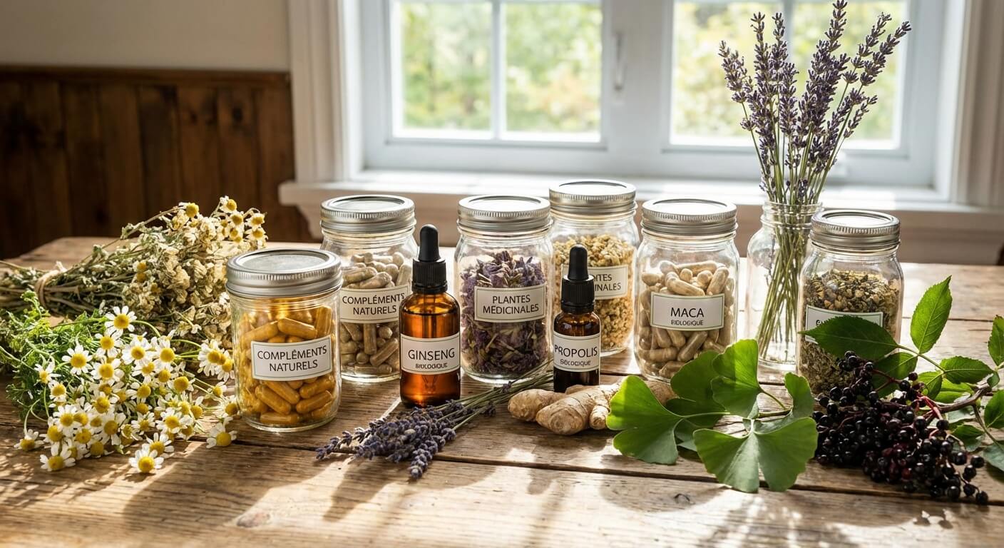 Un assortiment de compléments alimentaires naturels sous forme de gélules et de flacons, entouré de plantes médicinales.