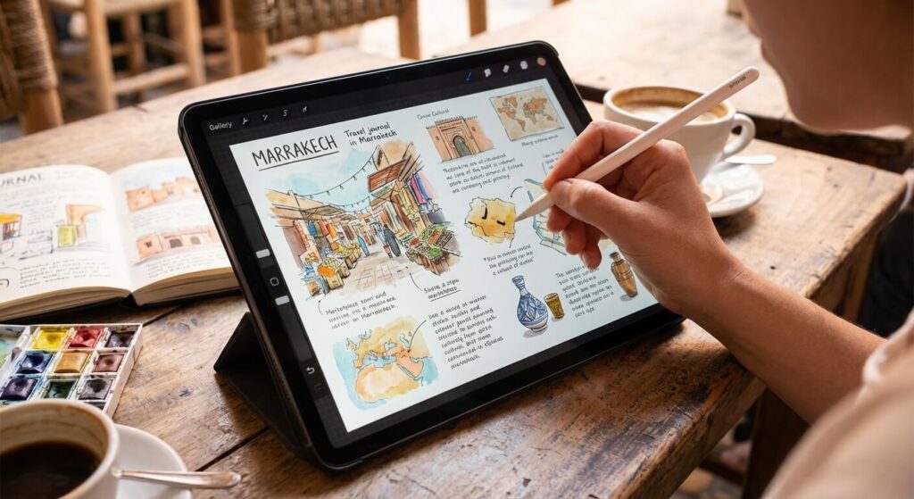 Comment créer un journal de voyage illustré en ligne 2 Une personne utilisant un stylet sur une tablette pour dessiner et annoter un journal de voyage illustré.