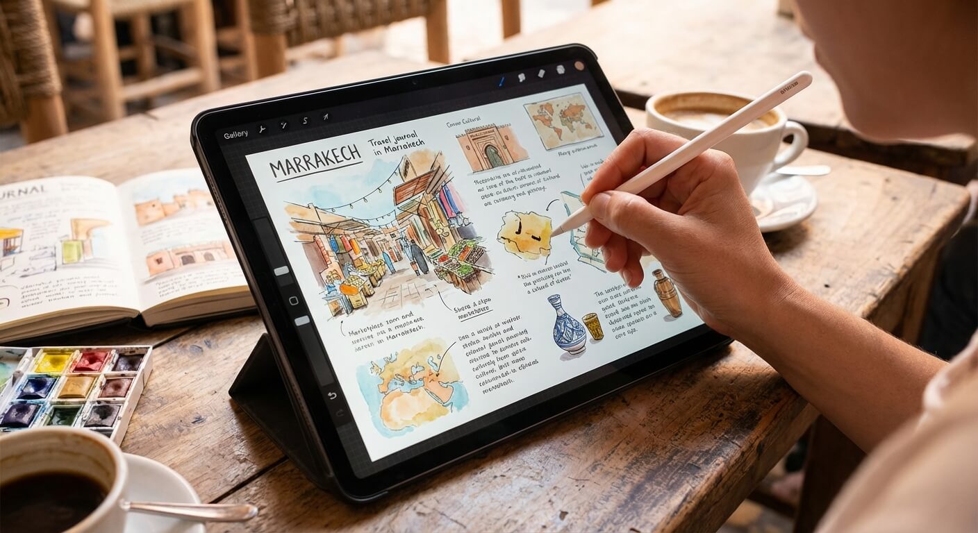 Une personne utilisant un stylet sur une tablette pour dessiner et annoter un journal de voyage illustré.