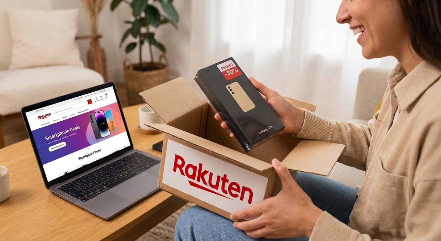Achat d'un smartphone de dernière génération à prix réduit livré dans un colis Rakuten
