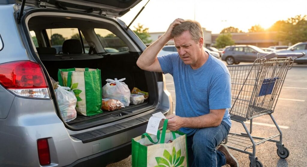 Client rangeant ses courses dans le coffre de sa voiture et constatant un produit manquant dans ses sacs