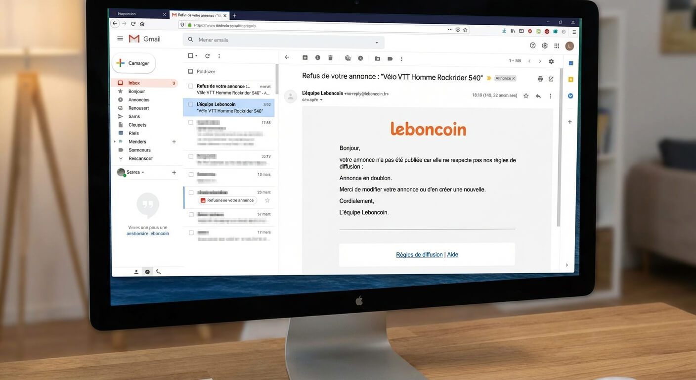 Boîte e-mail affichant un message de refus de publication d'une petite annonce par l'équipe de modération Leboncoin